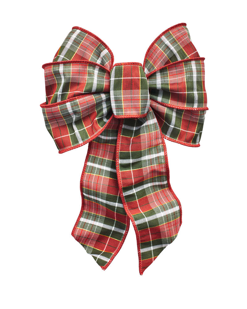 6155 - Red/Green/White Plaid Bow with Gold Highlights – 7 Loop, 8.5" x 14"