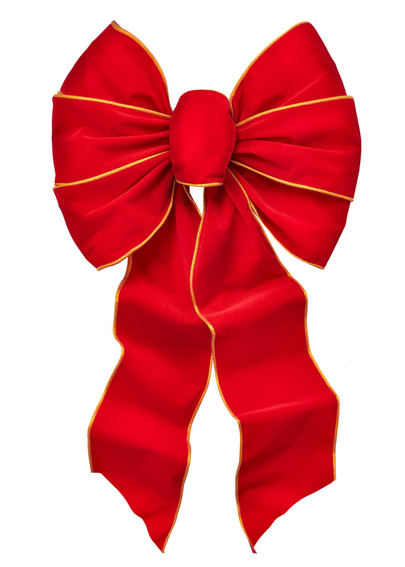 6913 - Red Velvet with Gold Braid Edge Deluxe Wired Bow β 7 Loops, 14"x28"