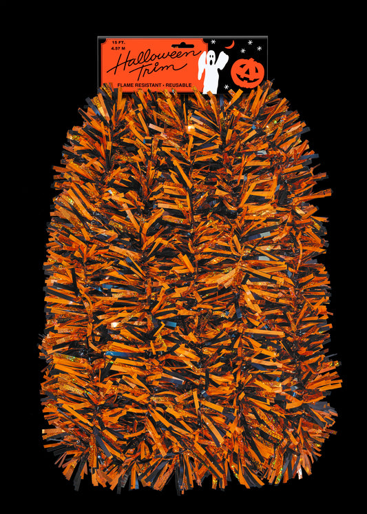 7606 Halloween Garland 4"x 15' Holographic Orange/Black/Orange